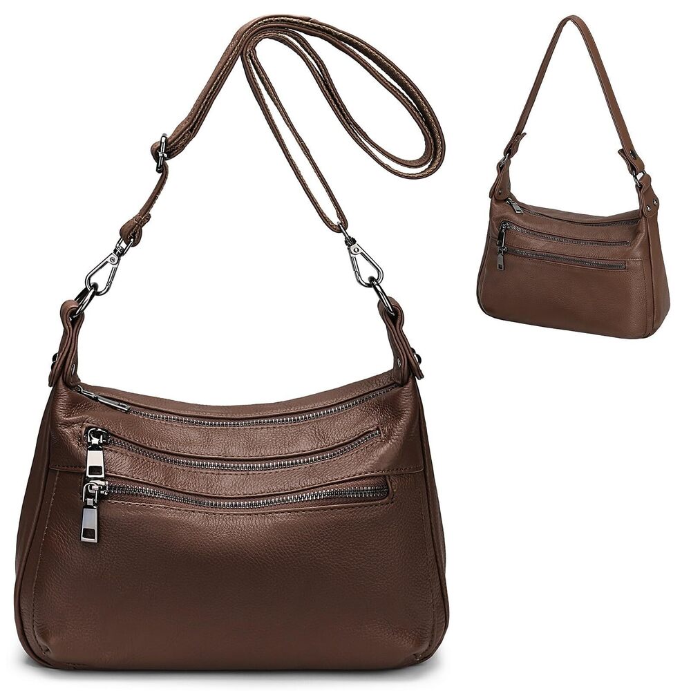 5696 Real Leather Shoulder Bag Medium Size Handbag Purse with Multiple Zip